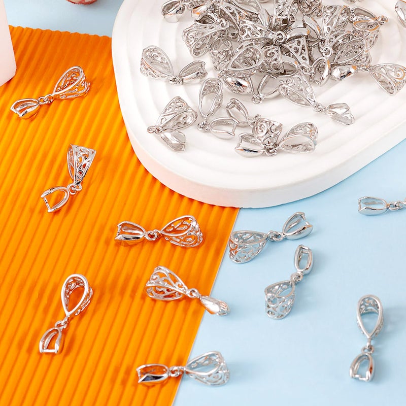 BB Beadthoven Beadthoven 50pcs Filigree Pinch Bails Pendant Clasps Connectors for Jewelry Making Platinum Color Brass Ice Pick Pinch Bail Dangle Clip Bead Jewelry Clasps Findings for Necklace Charms Holder DIY - Image 2